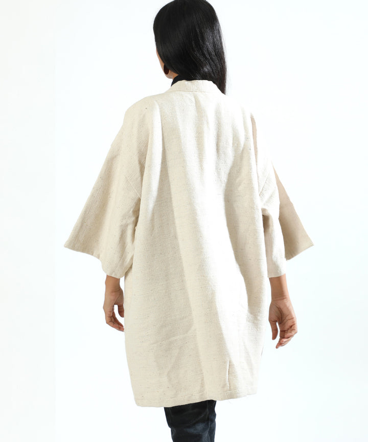 Offwhite handwoven woollen long jacket with bolero sleeve