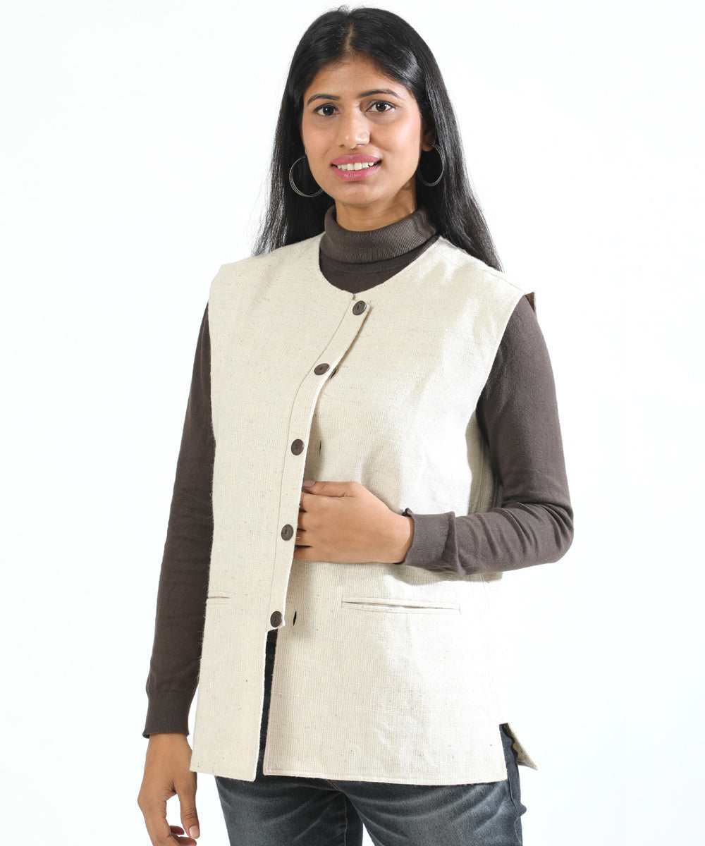 Offwhite unisex handwoven woollen short jacket