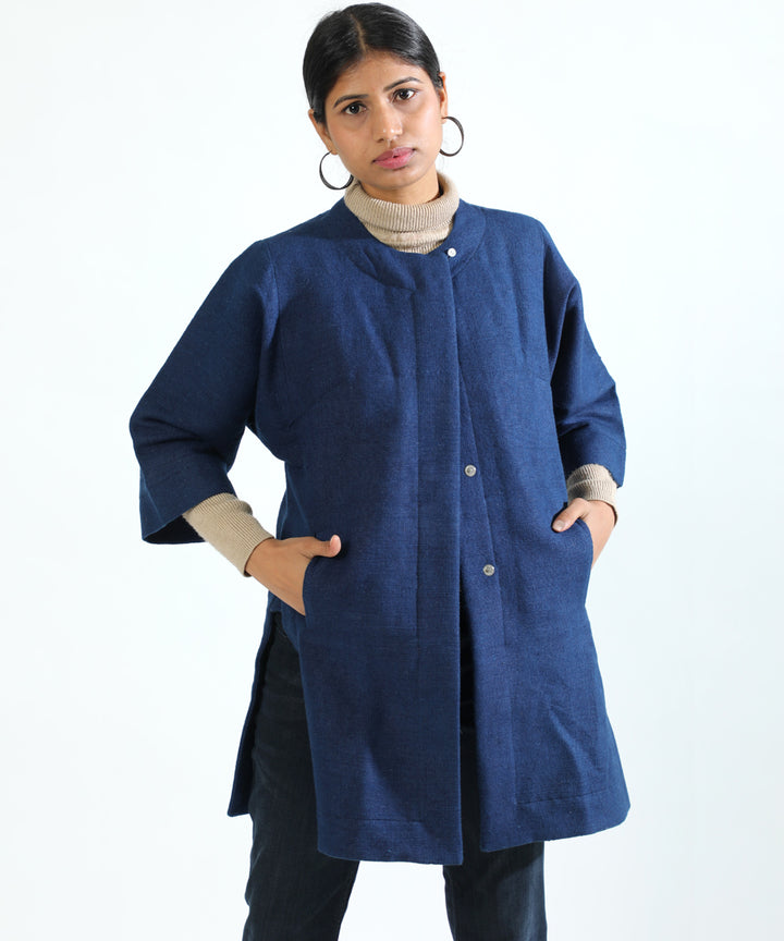 Indigo handwoven woollen long overlap jacket