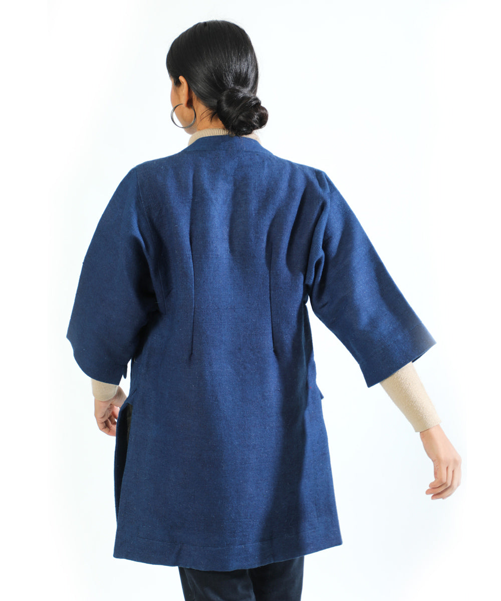 Indigo handwoven woollen long overlap jacket