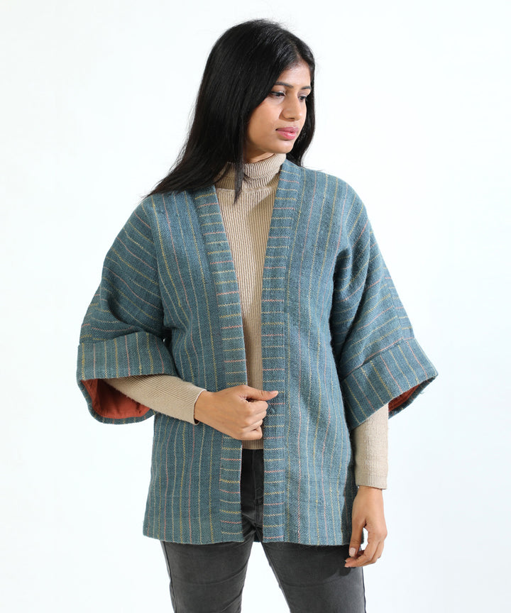 Blue handwoven woollen short jacket with kimono sleeve
