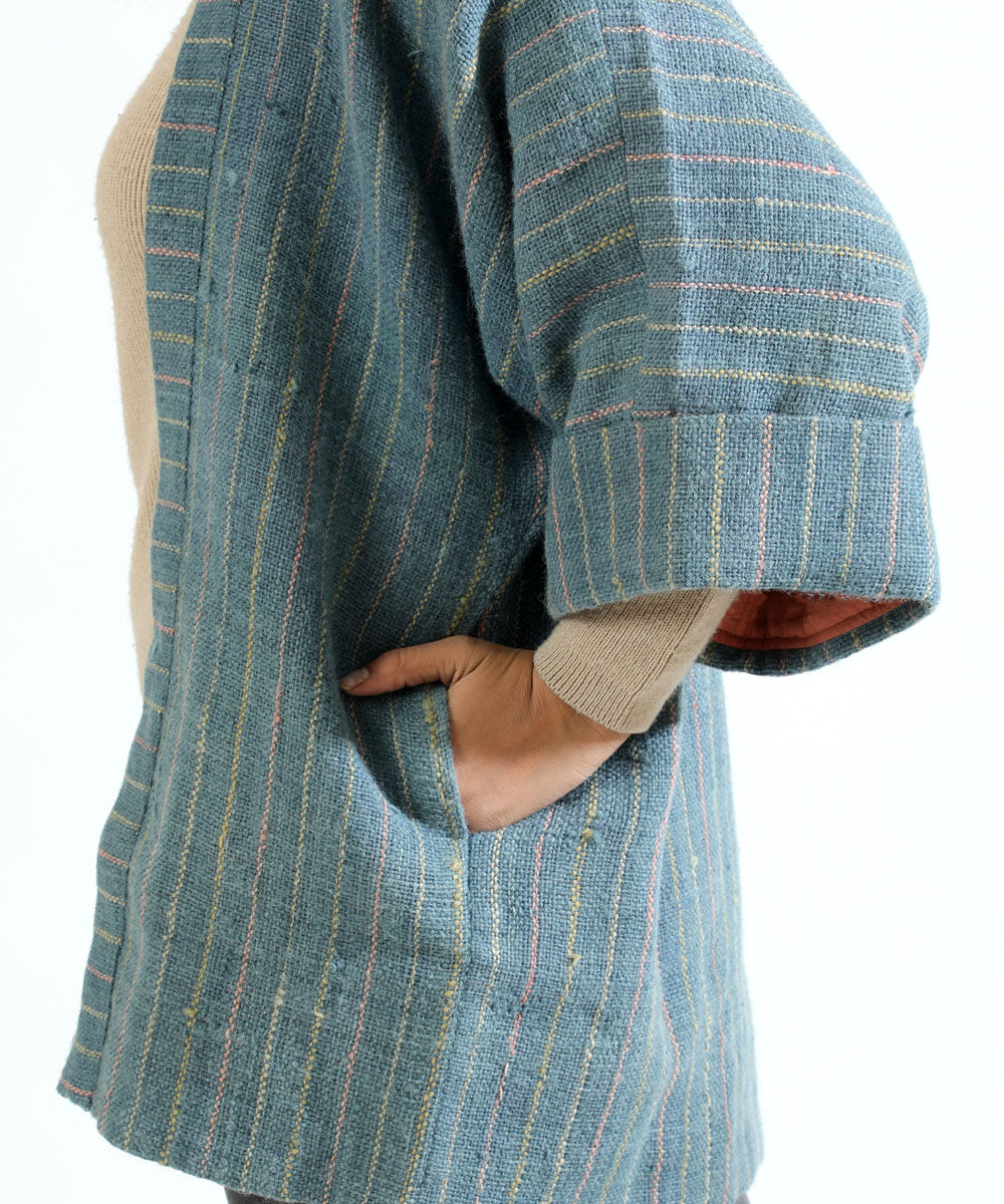 Blue handwoven woollen short jacket with kimono sleeve