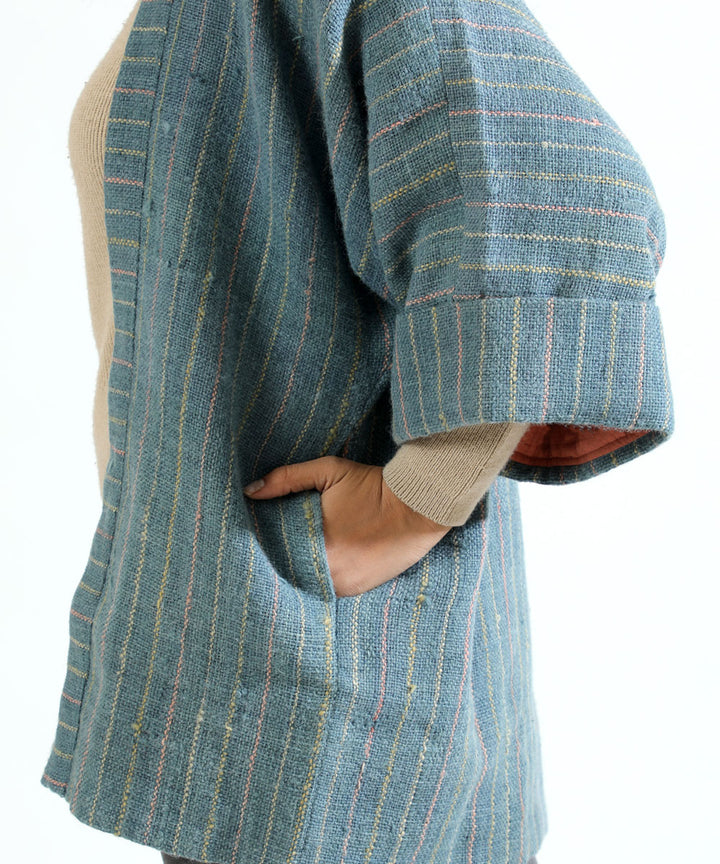 Blue handwoven woollen short jacket with kimono sleeve