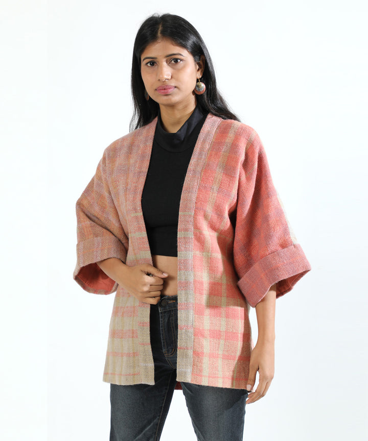 Pink handwoven woollen short jacket with kimono sleeve