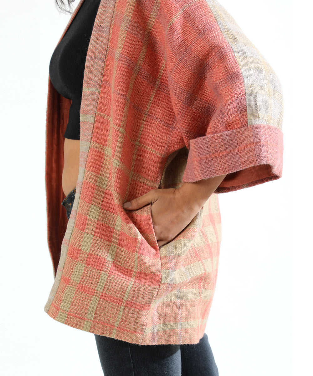 Pink handwoven woollen short jacket with kimono sleeve