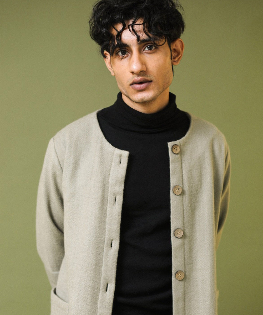Grey handwoven woollen long jacket