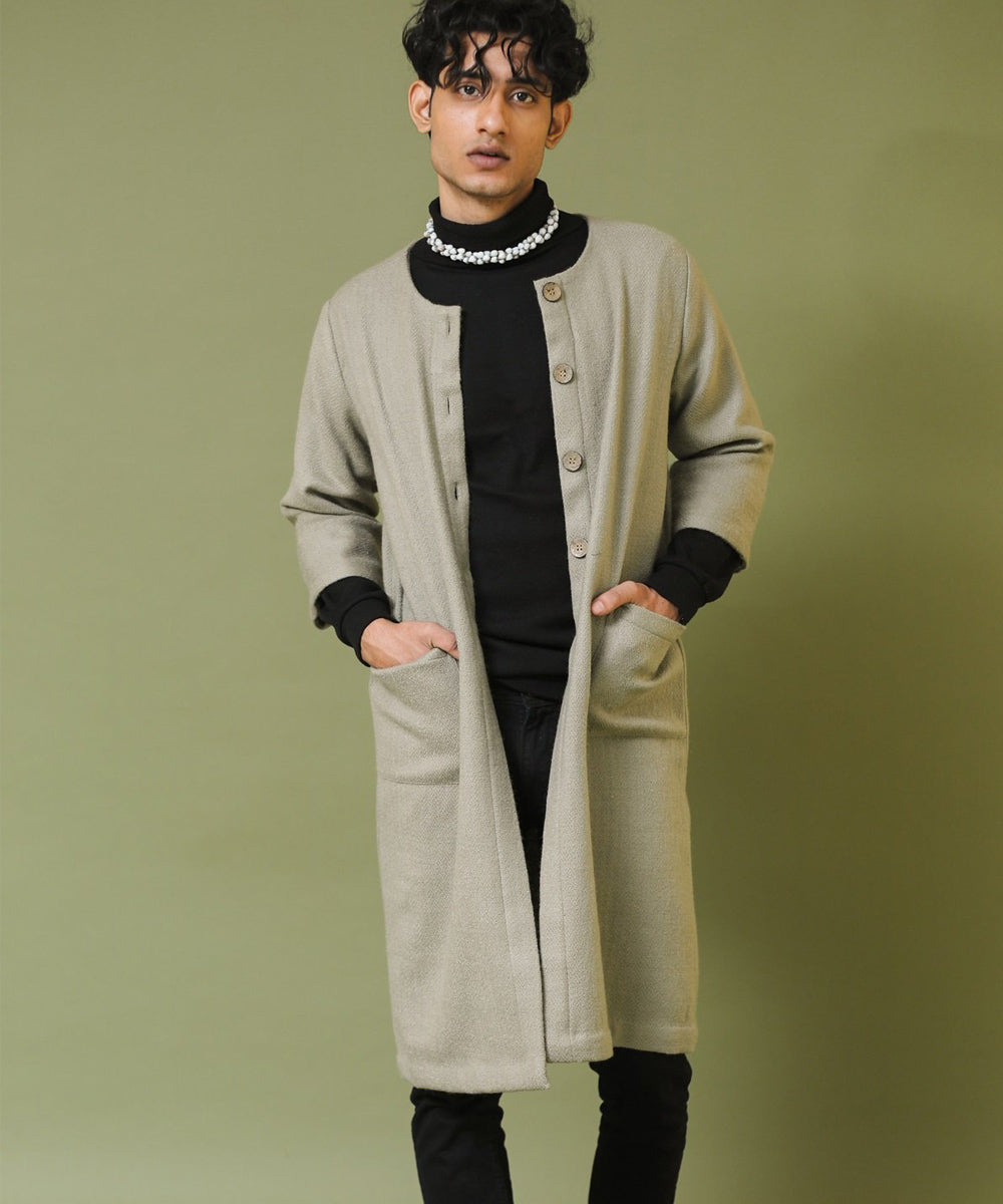 Grey handwoven woollen long jacket