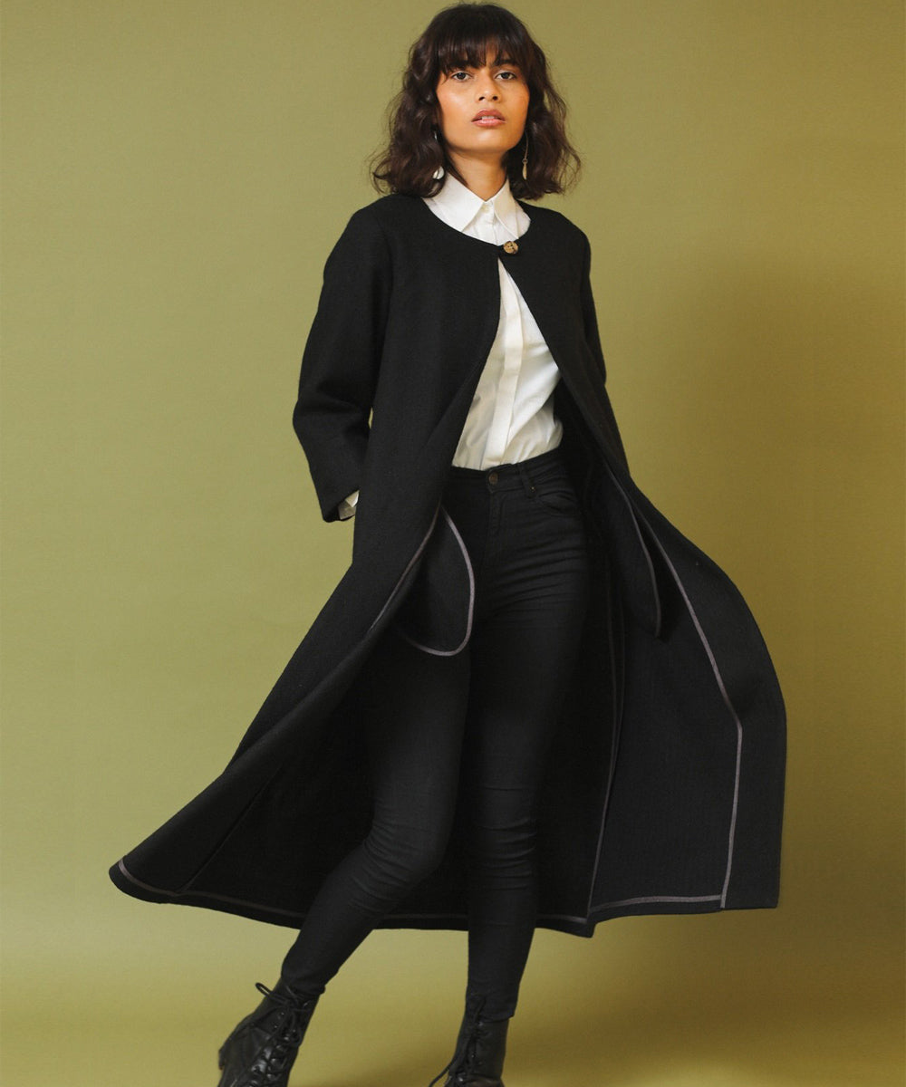 Black handwoven woollen long jacket