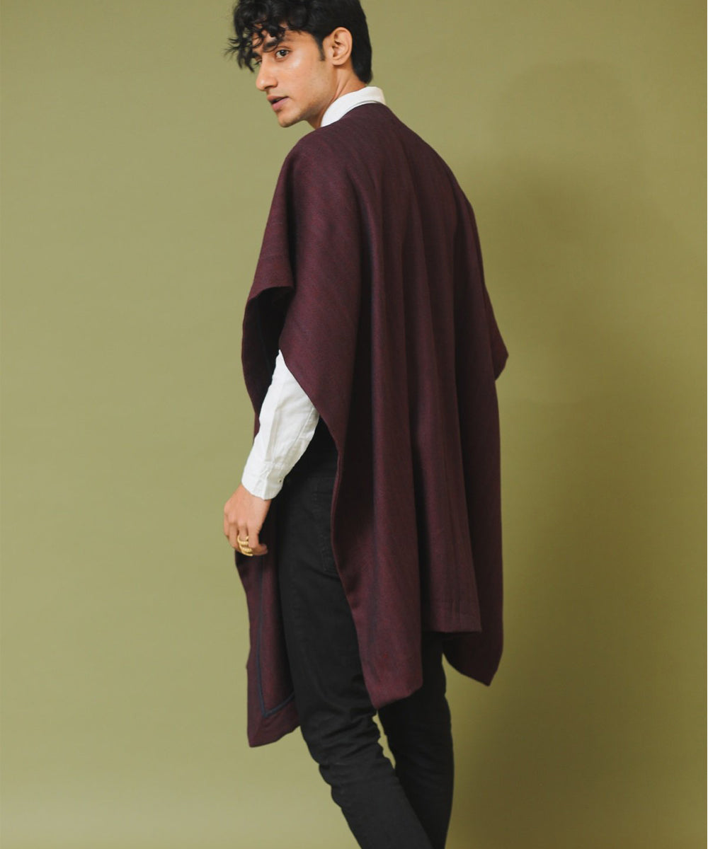 Maroon black handwoven woollen cape