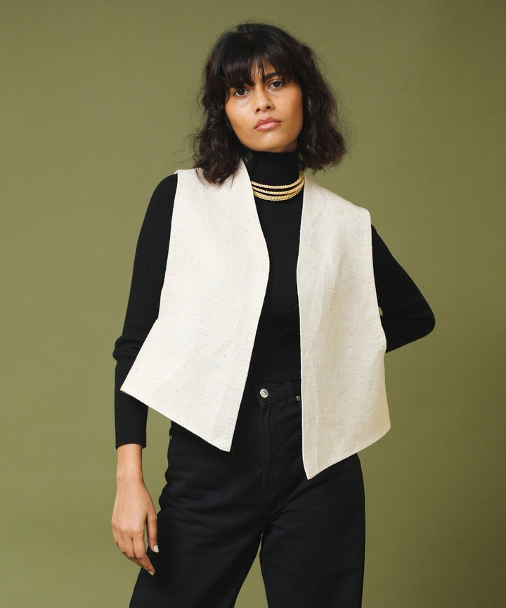 Offwhite handspun handwoven unisex woollen sleeveless jacket