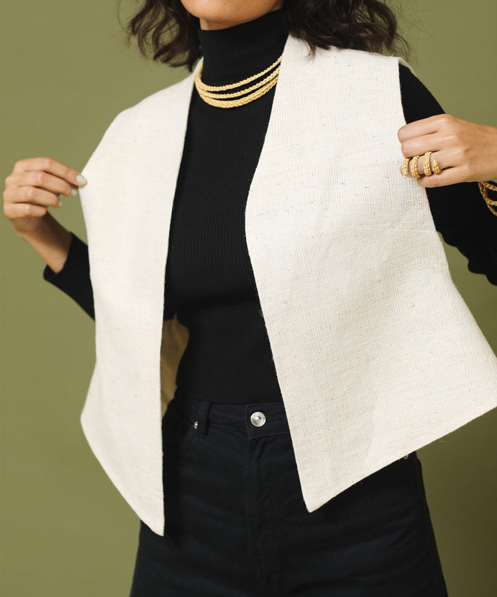 Offwhite handspun handwoven unisex woollen sleeveless jacket