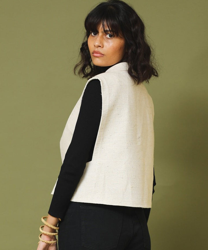Offwhite handspun handwoven unisex woollen sleeveless jacket