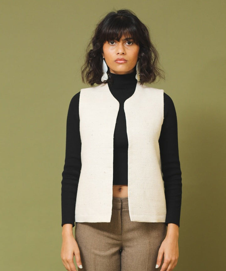 Offwhite handspun and woven unisex woollen sleeveless jackets