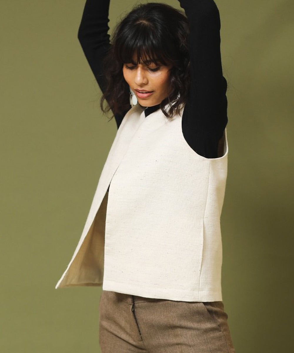 Offwhite handspun and woven unisex woollen sleeveless jackets