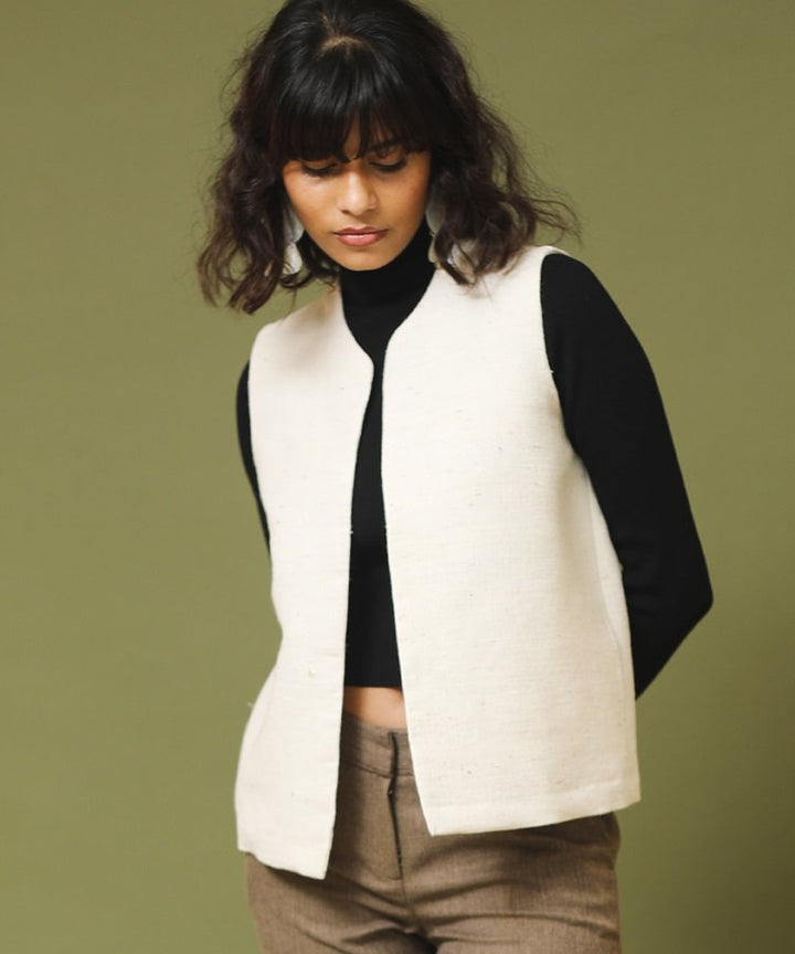 Offwhite handspun and woven unisex woollen sleeveless jackets
