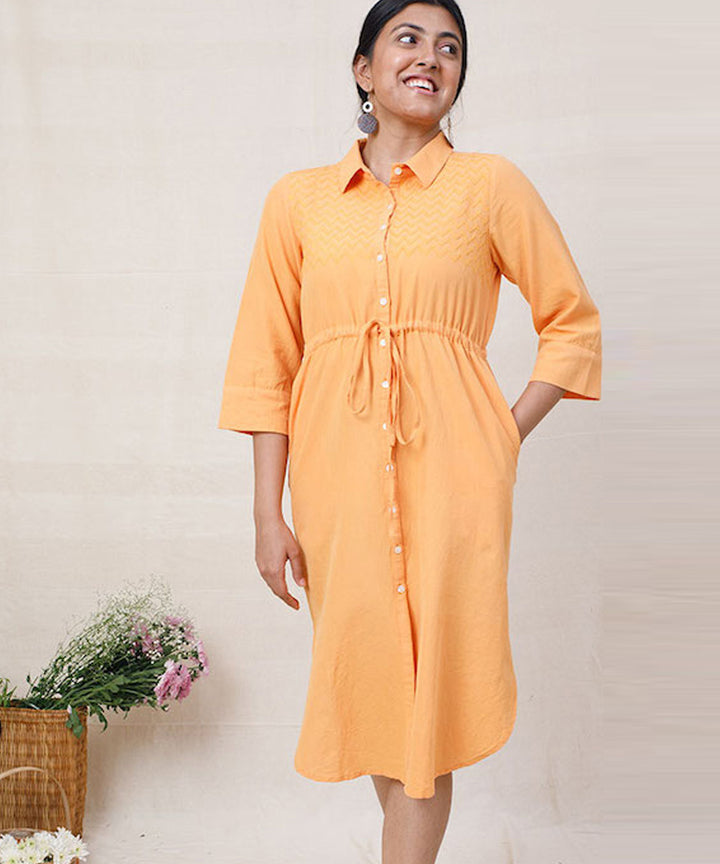 Orange handcrafted cotton shirt dress with draw string