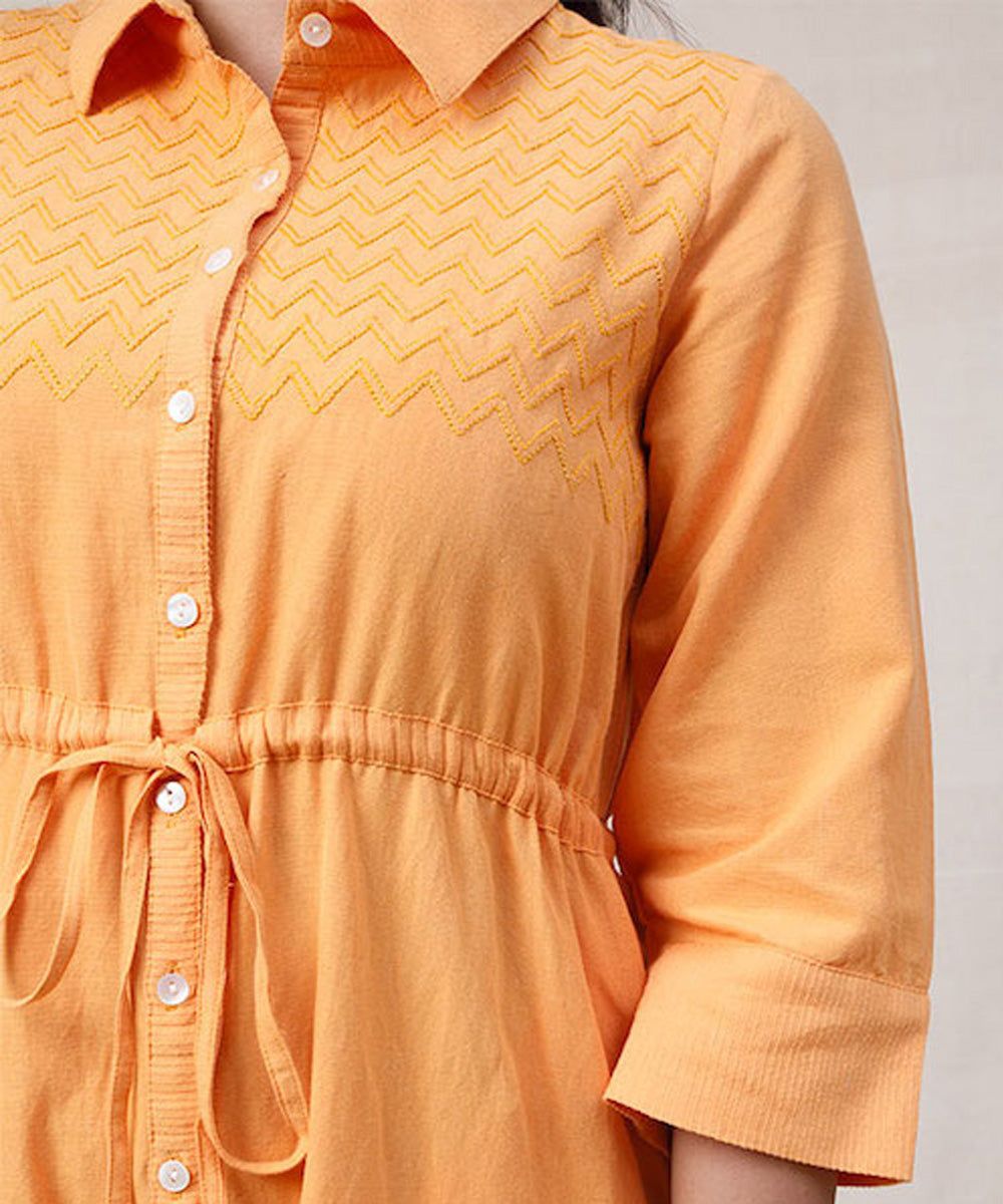 Orange handcrafted cotton shirt dress with draw string