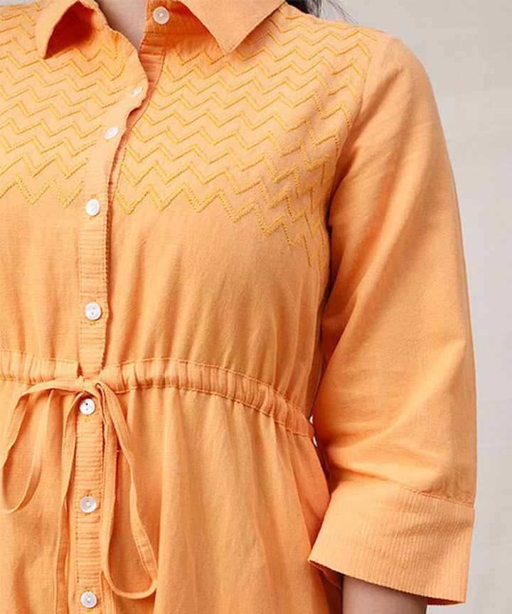 Orange handcrafted cotton shirt dress with draw string