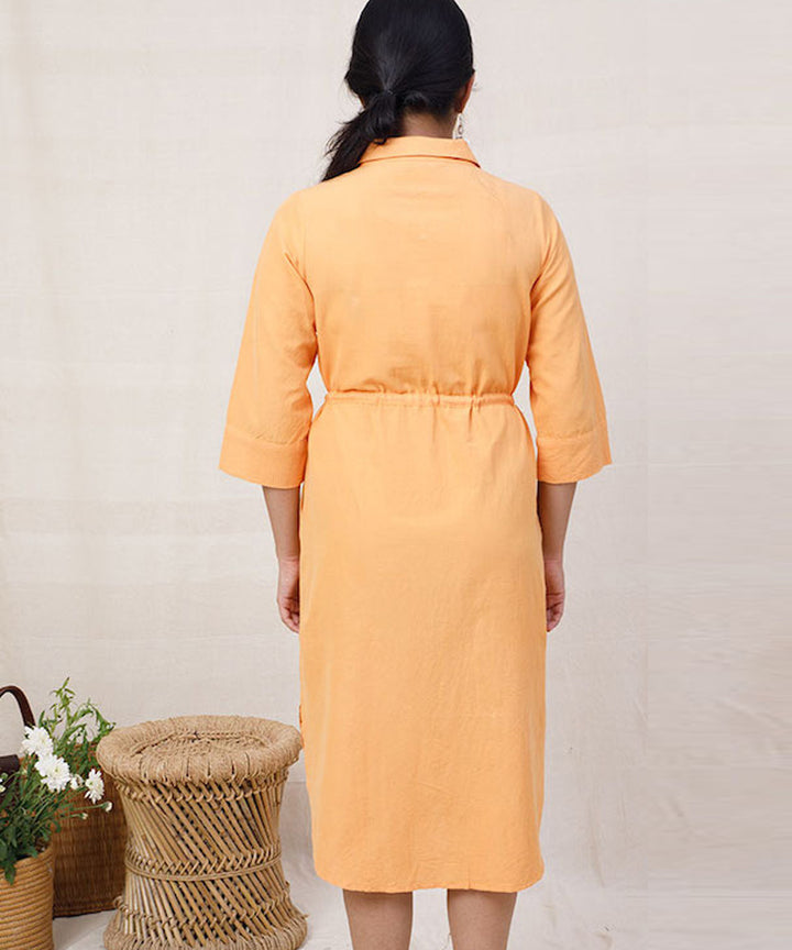Orange handcrafted cotton shirt dress with draw string