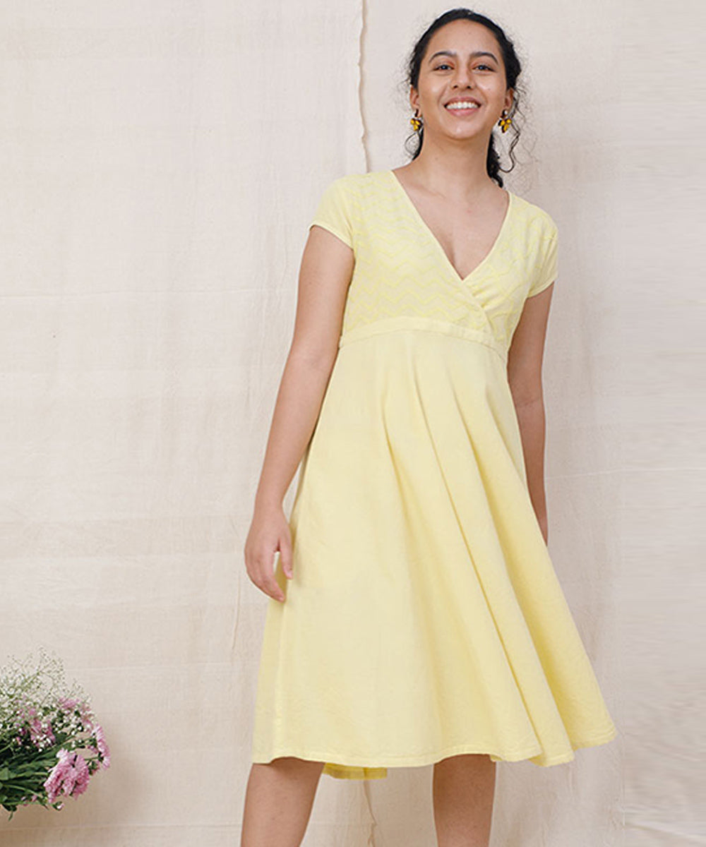 Yellow handcrafted cotton overlap dress