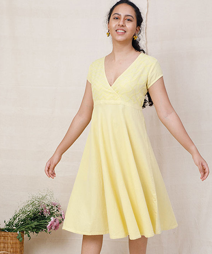 Yellow handcrafted cotton overlap dress