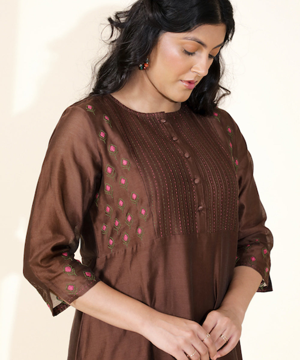 Brown hand embroidered chanderi cotton silk kurta