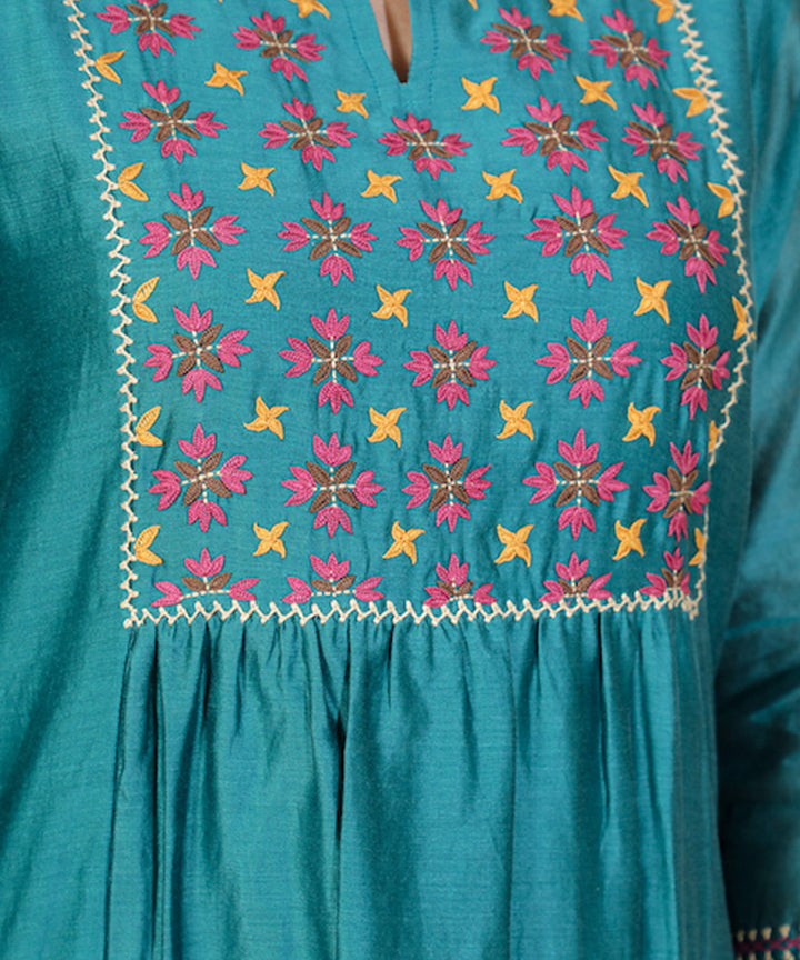 Teal blue hand embroidered chanderi cotton silk kurta