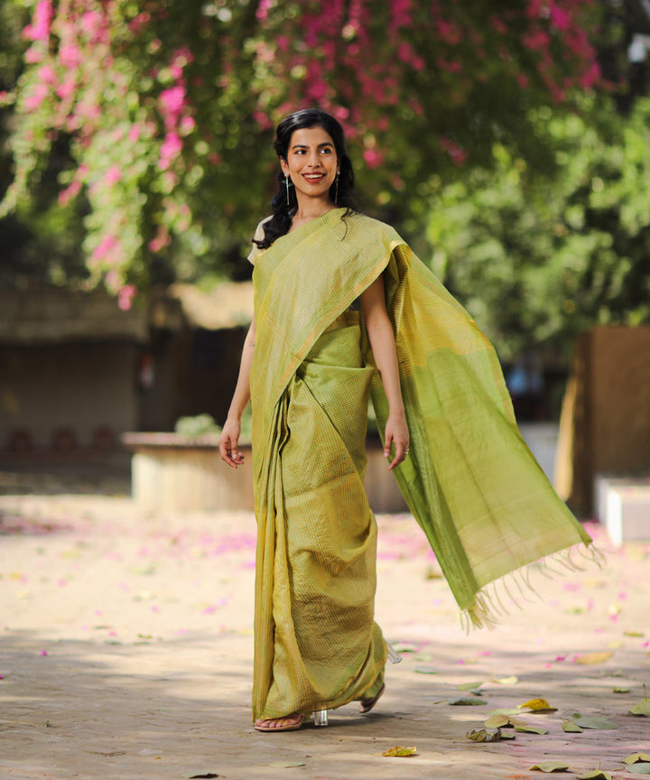 Olive green tussar silk handwoven saree
