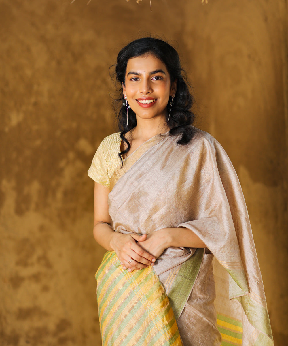 Beige tussar silk handwoven saree