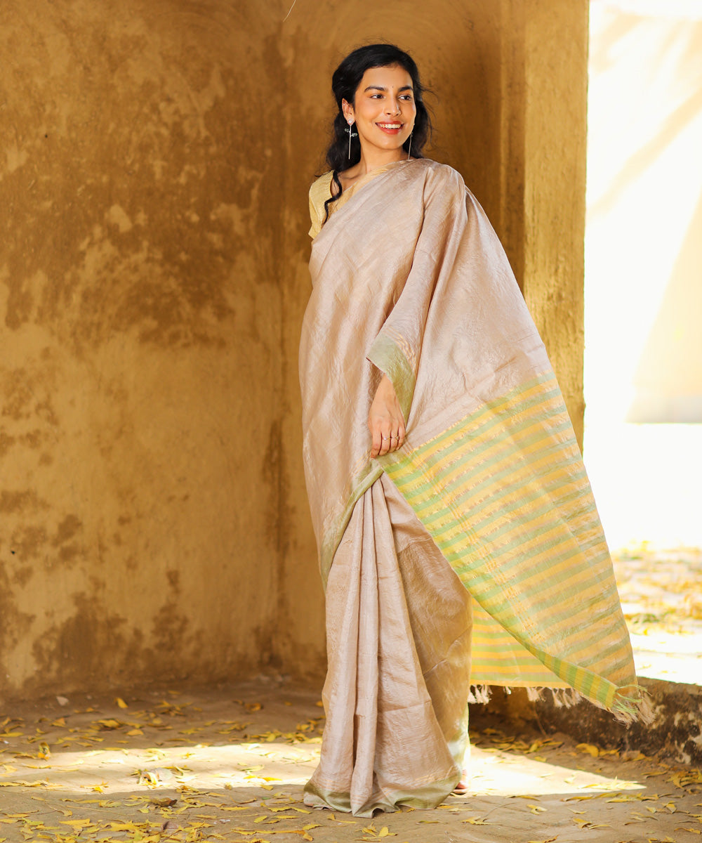 Beige tussar silk handwoven saree