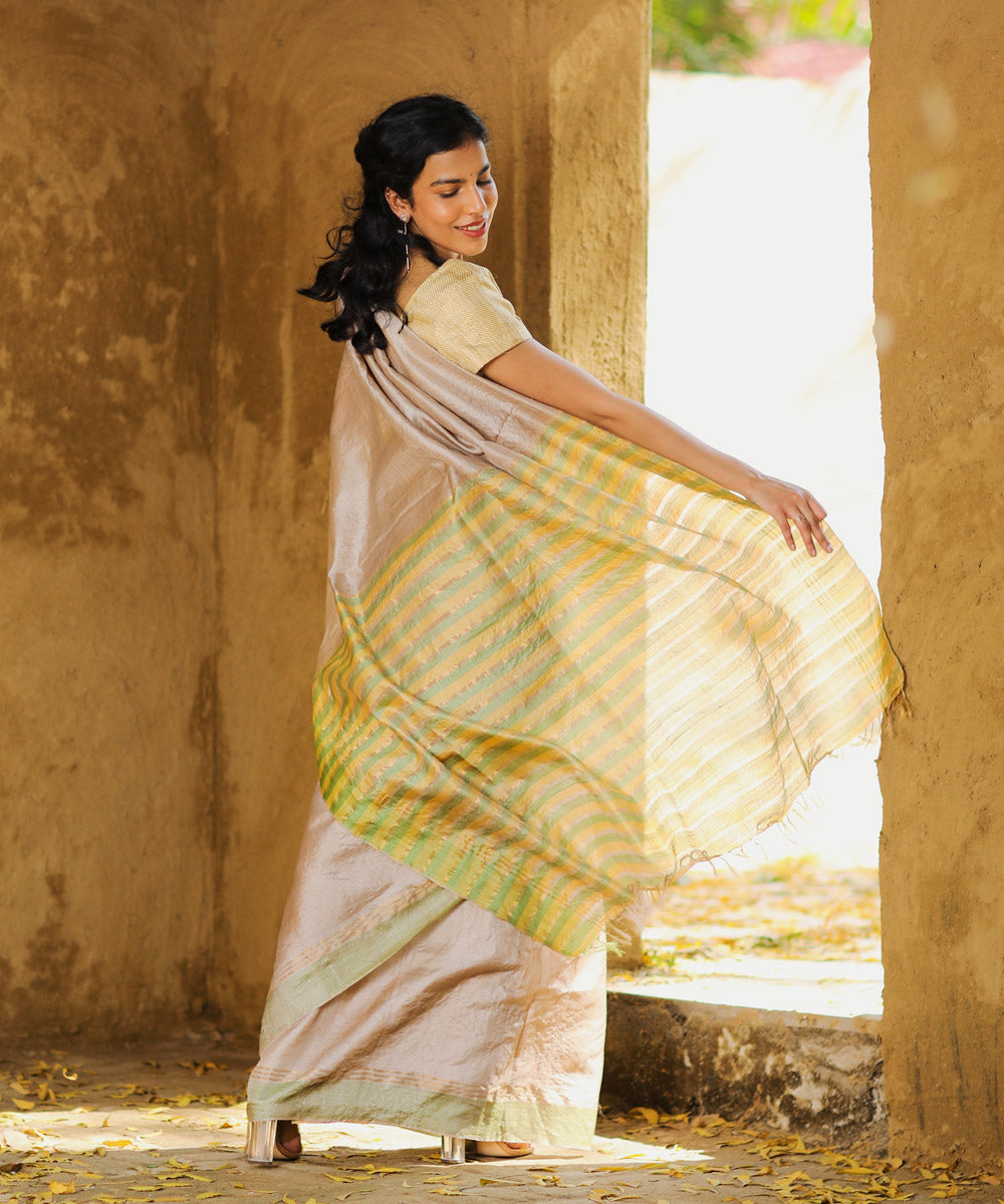 Beige tussar silk handwoven saree