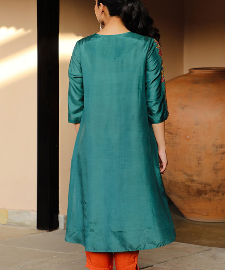 Rangsutra juhi teal green kurta with crewel embroidered sleeves