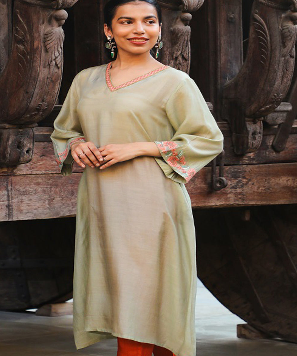 Rangsutra juhi pista green dress with crewel embroidery  GoSwadeshi
