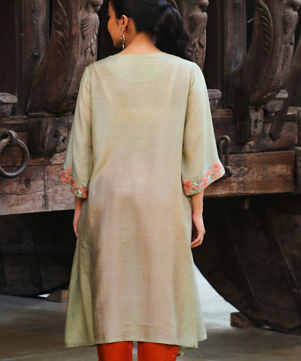 Rangsutra juhi pista green dress with crewel embroidery