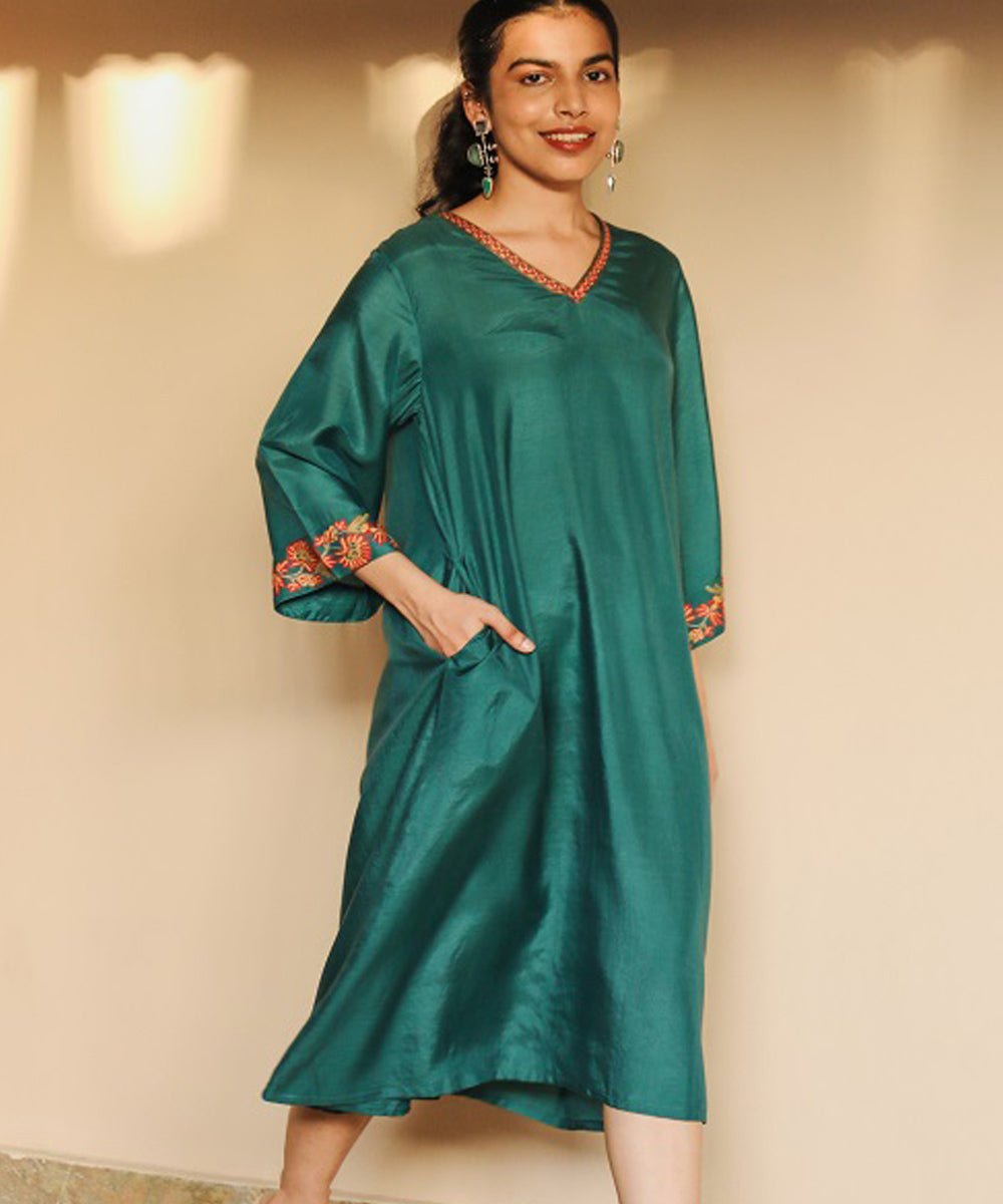 Rangsutra juhi teal green dress with crewel embroidery