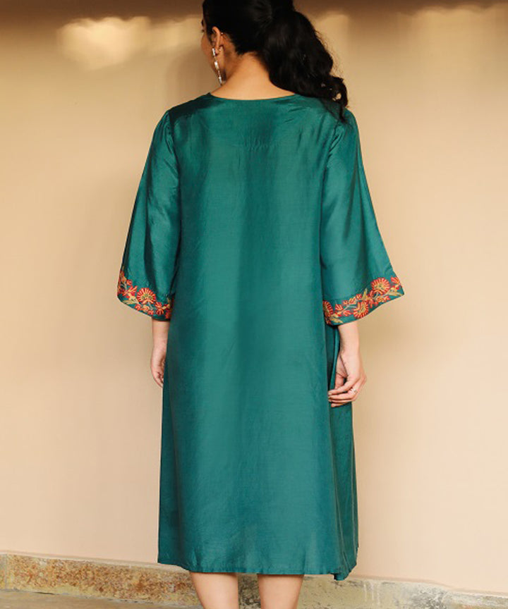 Rangsutra juhi teal green dress with crewel embroidery