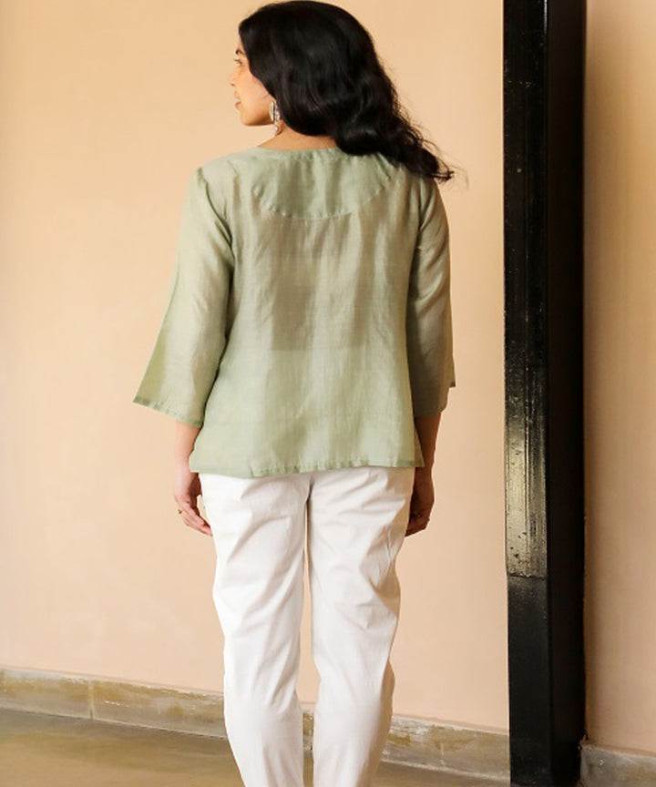 Rangsutra juhi pista green shirt with crewel embroidery