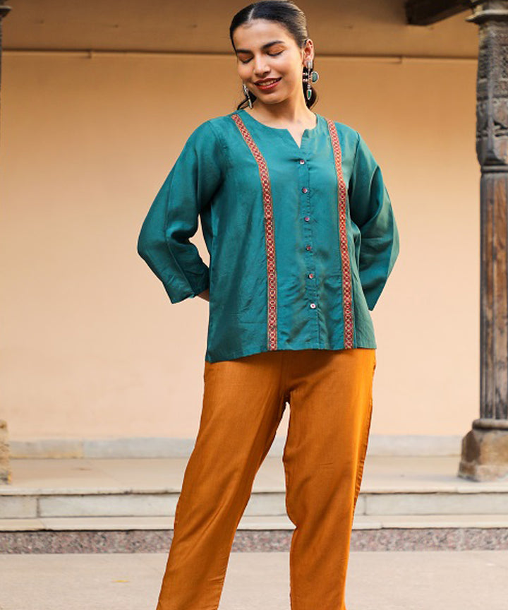 Rangsutra juhi teal green shirt with crewel embroidery