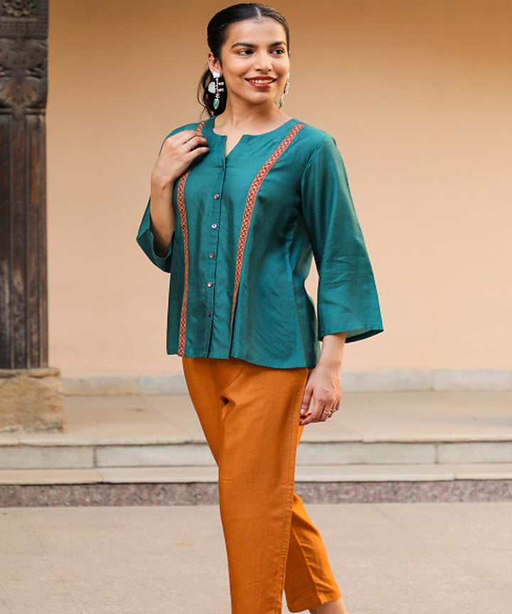 Rangsutra juhi teal green shirt with crewel embroidery