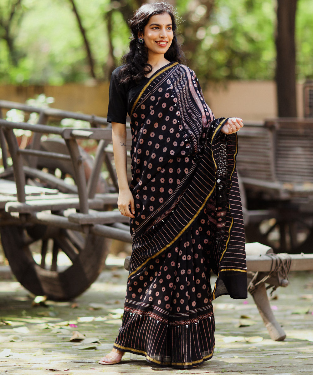 Black cotton silk ajrakh block print and embroidery chanderi saree