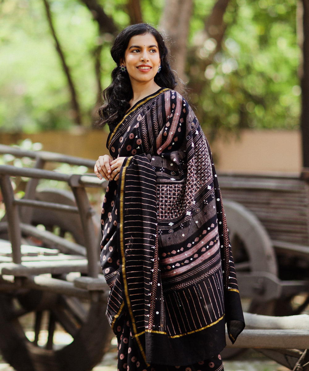 Black cotton silk ajrakh block print and embroidery chanderi saree