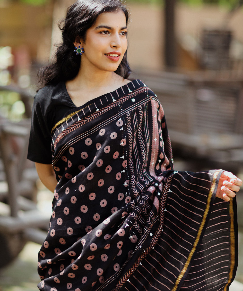 Black cotton silk ajrakh block print and embroidery chanderi saree