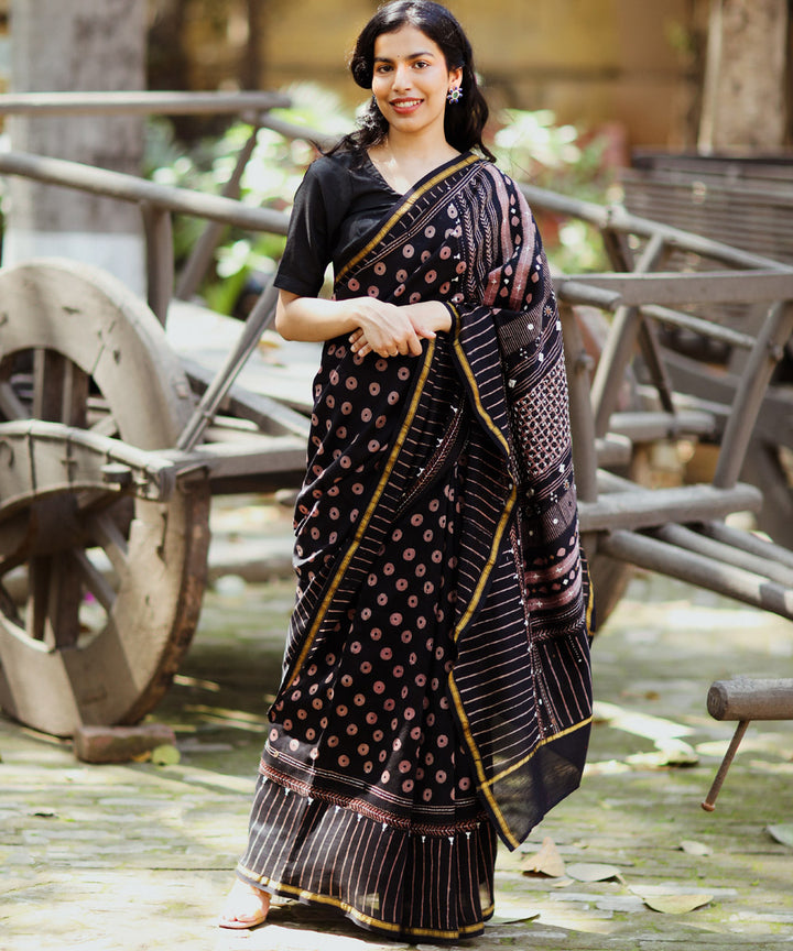 Black cotton silk ajrakh block print and embroidery chanderi saree