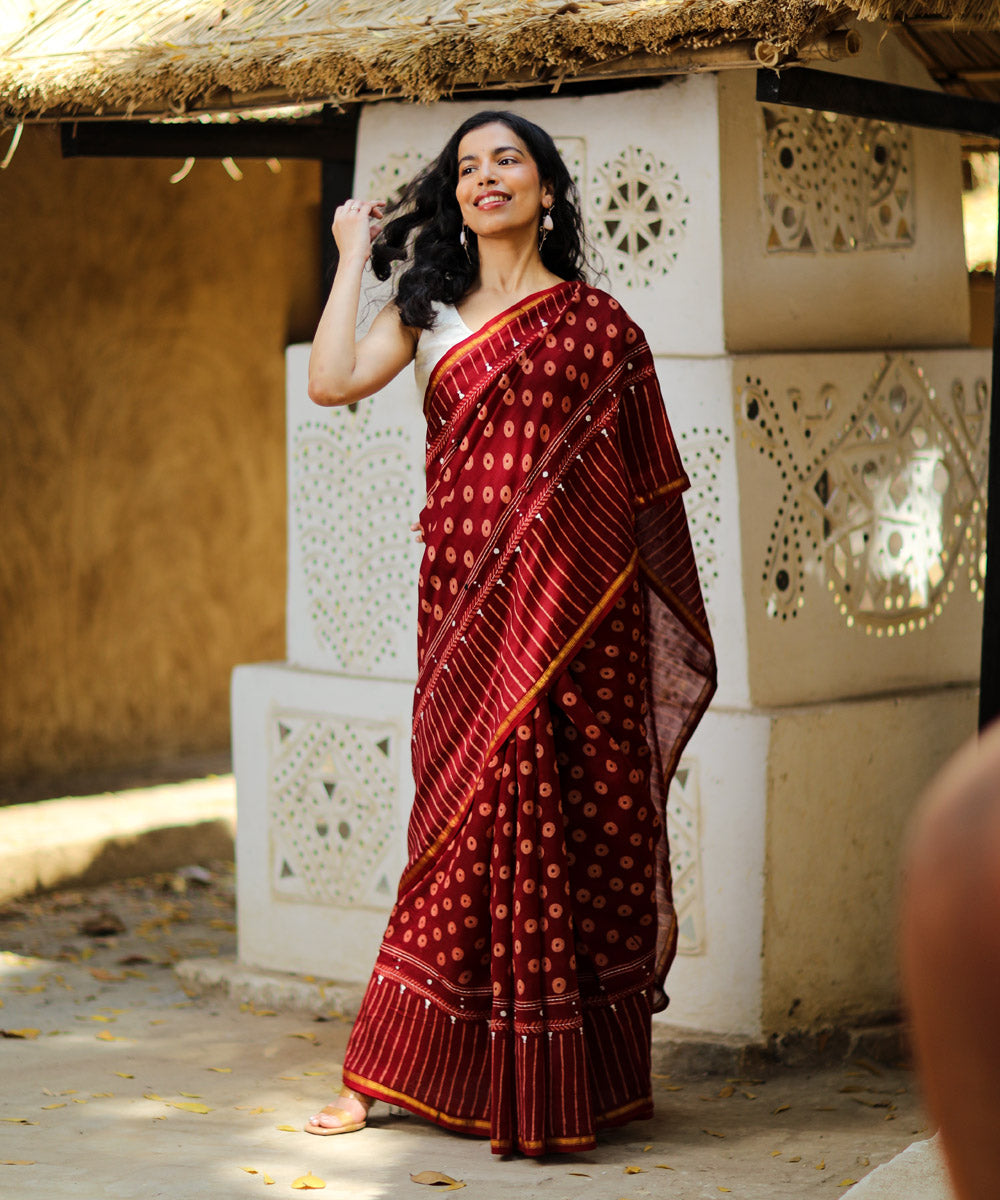 Maroon cotton silk ajrakh block print and embroidery chanderi saree