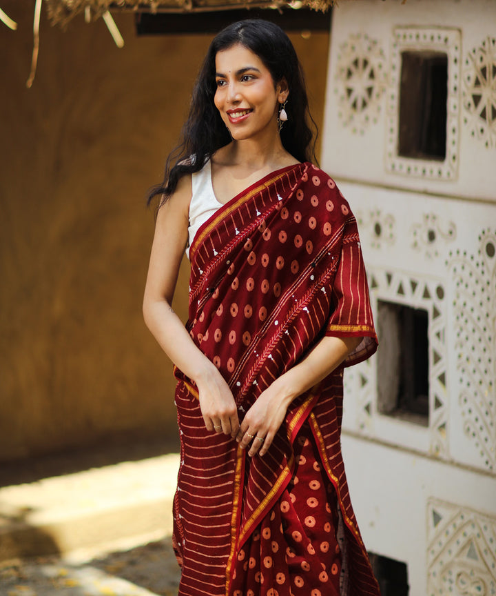 Maroon cotton silk ajrakh block print and embroidery chanderi saree