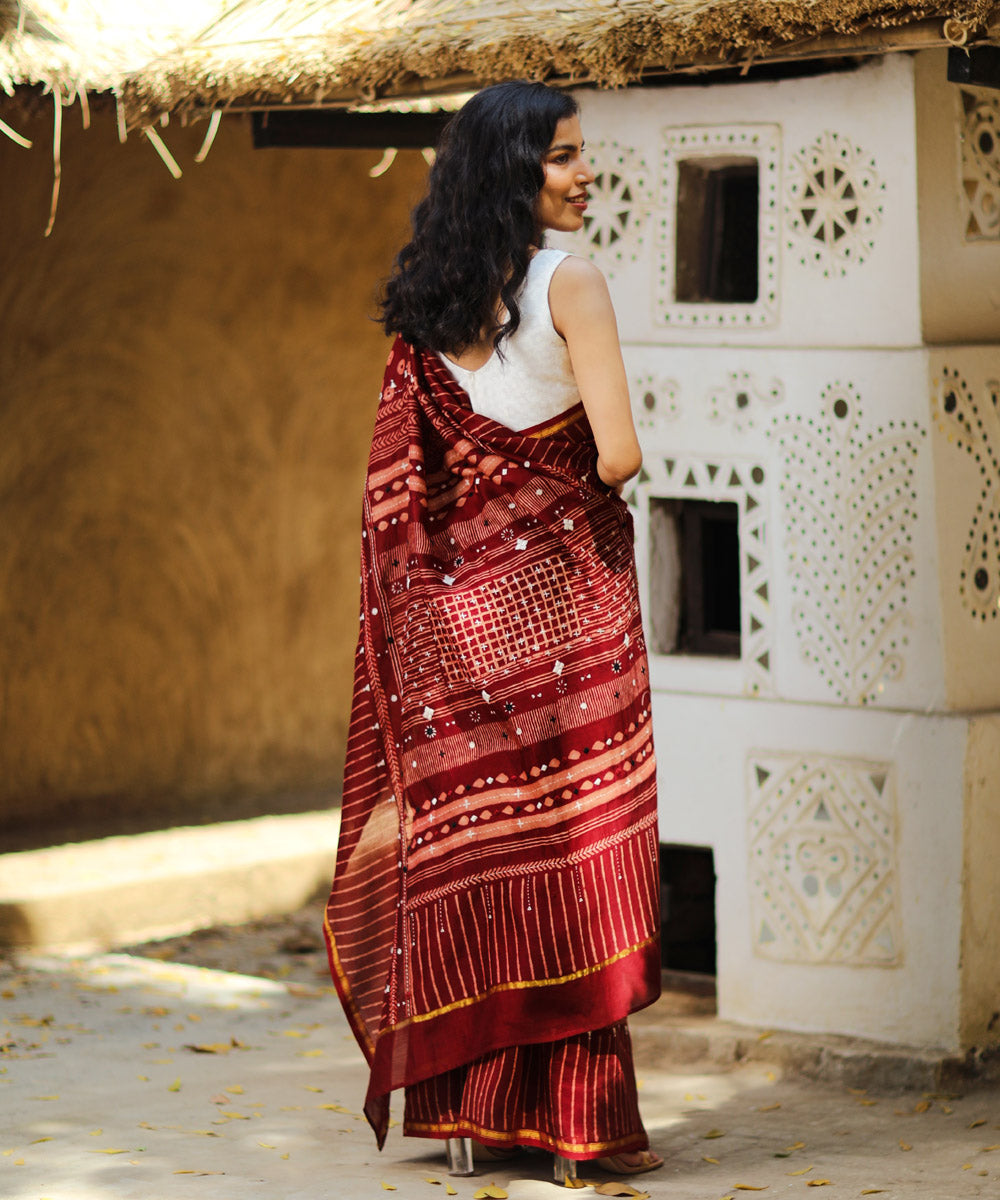 Maroon cotton silk ajrakh block print and embroidery chanderi saree
