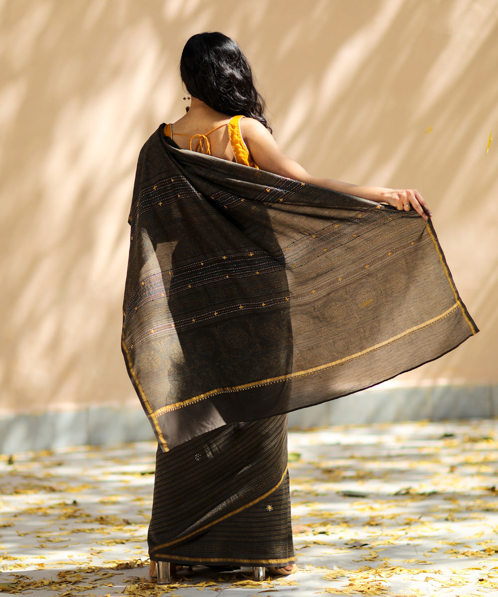 Brown cotton silk ajrakh block print and embroidery chanderi saree