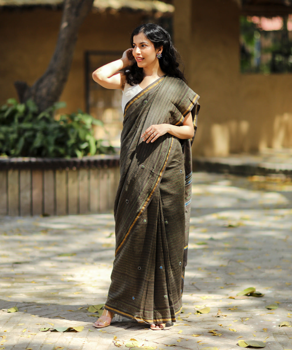 Moss green sico ajrakh block print and embroidery chanderi saree