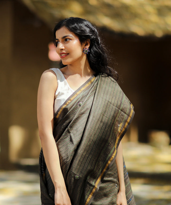 Moss green sico ajrakh block print and embroidery chanderi saree