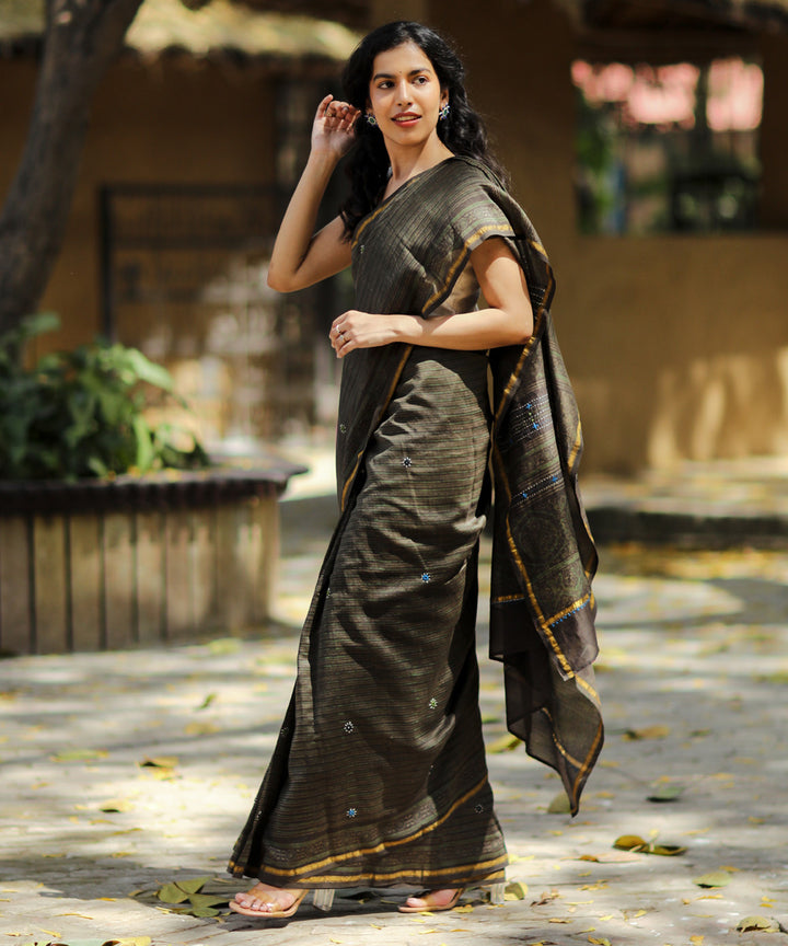 Moss green sico ajrakh block print and embroidery chanderi saree